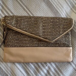 Henri Bendel raffia and leather crossbody clutch with gold-tone hardware